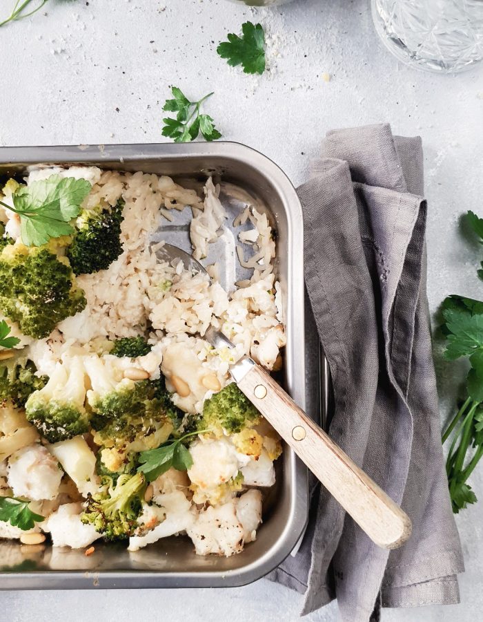 Ovenschotel met rijst, romanesco, broccoli en kabeljauw